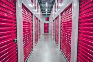 A hallway of storage units